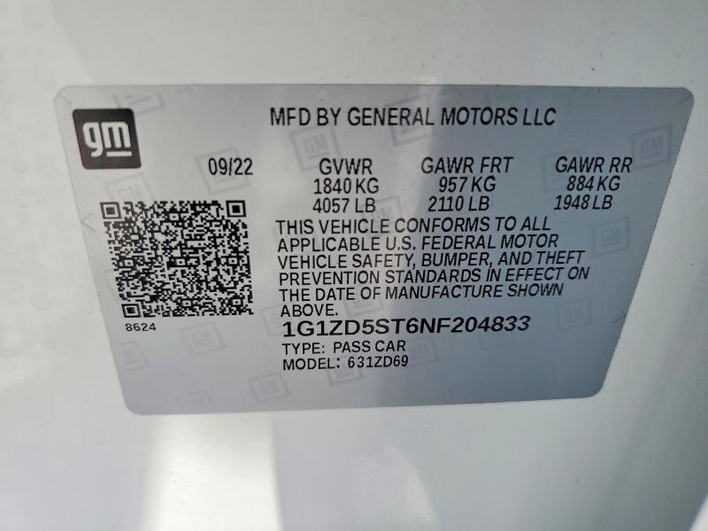 2022 Chevrolet Malibu მანქანა იყიდება აუქციონზე, vin: 1G1ZD5ST6NF204833, აუქციონის ნომერი: 52989286