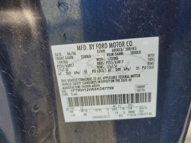 Продаж на аукціоні авто 2006 Ford F150, vin: 1FTRW12W66KD87759, номер лоту: 52600046