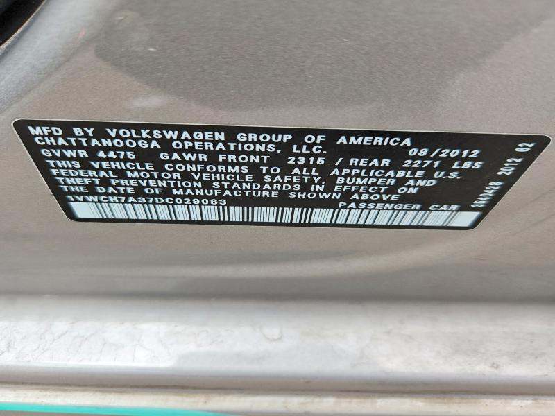 2013 Volkswagen Passat მანქანა იყიდება აუქციონზე, vin: 1VWCH7A37DC029083, აუქციონის ნომერი: 51080946