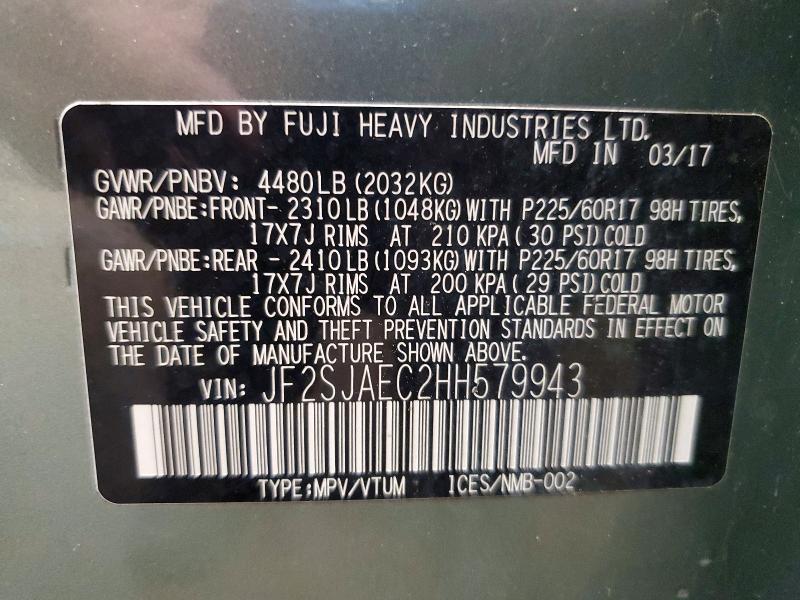 Aukcja sprzedaży 2017 Subaru Forester, vin: JF2SJAEC2HH579943, numer aukcji: 54397306