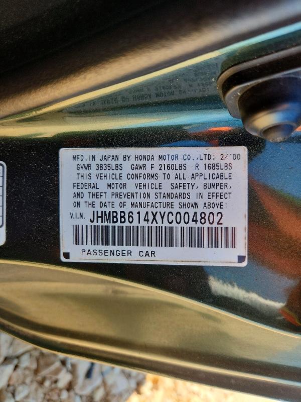 Aukcja sprzedaży 2000 Honda Prelude, vin: JHMBB614XYC004802, numer aukcji: 53917706
