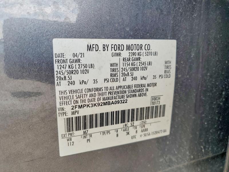 Aukcja sprzedaży 2021 Ford Edge, vin: 2FMPK3K92MBA09322, numer aukcji: 53070046