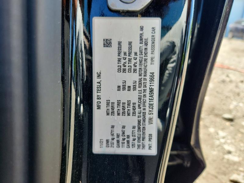 52037626 :رقم المزاد ، 5YJ3E1EA9NF119664 vin ، 2022 Tesla Model 3 مزاد بيع