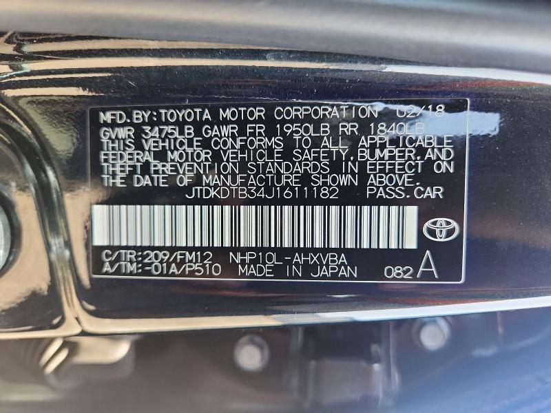 53073106 :رقم المزاد ، JTDKDTB34J1611182 vin ، 2018 Toyota Prius C مزاد بيع