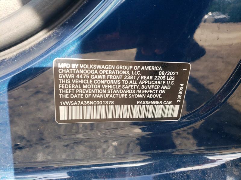 Продажа на аукционе авто 2022 Volkswagen Passat, vin: 1VWSA7A35NC001378, номер лота: 52848806