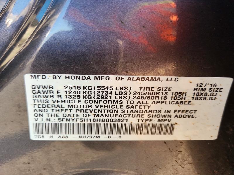Aukcja sprzedaży 2017 Honda Pilot, vin: 5FNYF5H18HB003821, numer aukcji: 52166386
