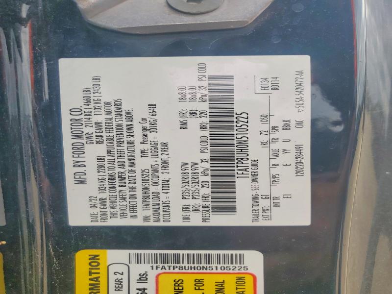52938946 :رقم المزاد ، 1FATP8UH0N5105225 vin ، 2022 Ford Mustang مزاد بيع