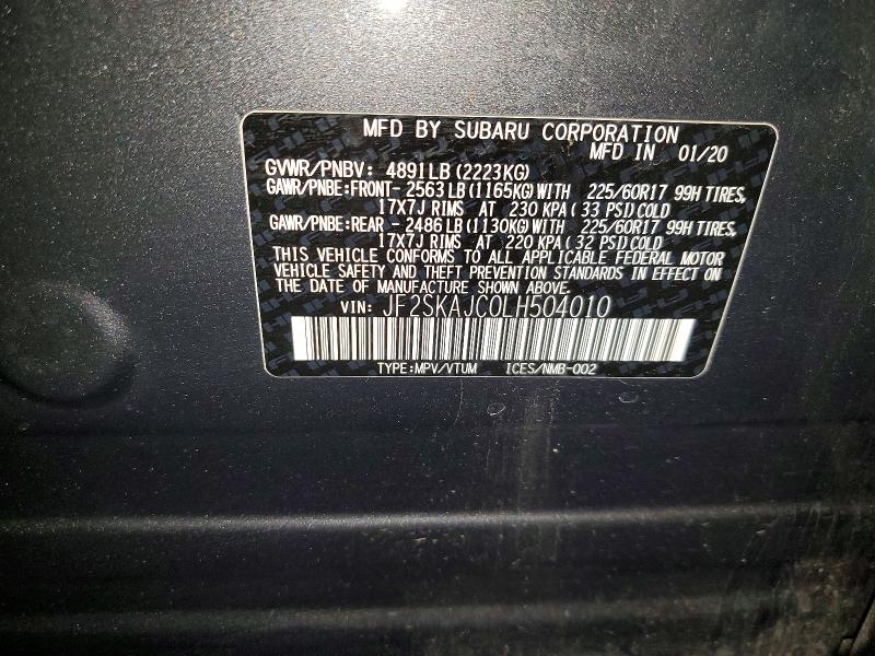 54404406 :رقم المزاد ، JF2SKAJC0LH504010 vin ، 2020 Subaru Forester مزاد بيع