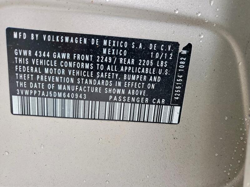 54390336 :رقم المزاد ، 3VWPP7AJ5DM640943 vin ، 2013 Volkswagen Jetta مزاد بيع