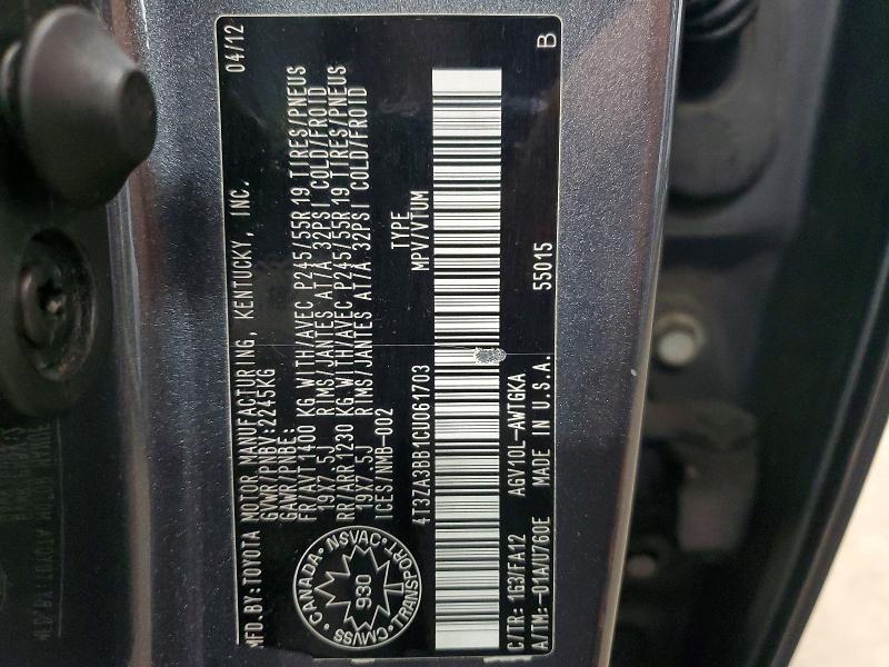 Aukcja sprzedaży 2012 Toyota Venza, vin: 4T3ZA3BB1CU061703, numer aukcji: 54339096