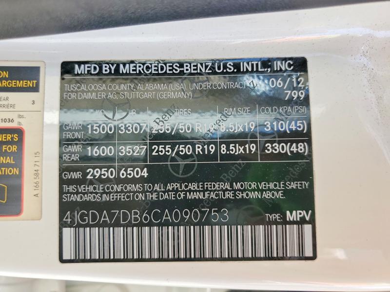 Продаж на аукціоні авто 2012 Mercedes-benz Ml 550, vin: 4JGDA7DB6CA090753, номер лоту: 53992326