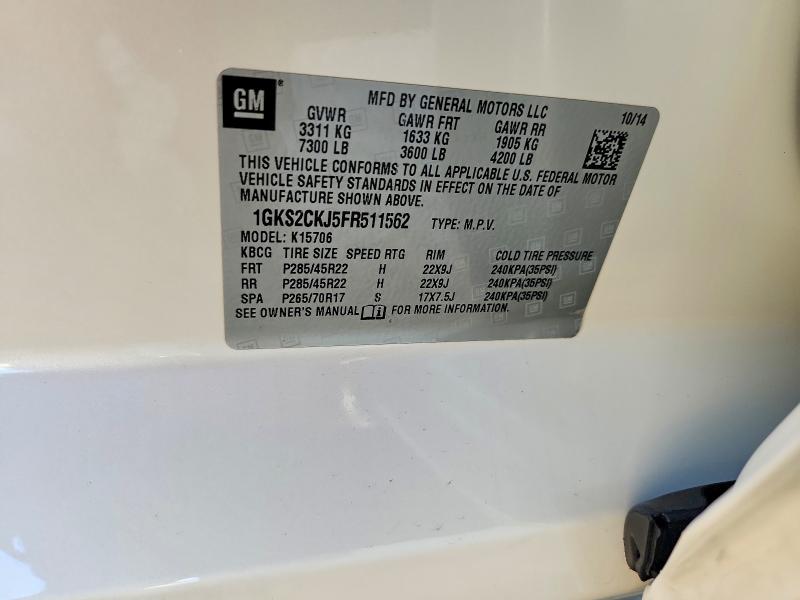 52450176 :رقم المزاد ، 1GKS2CKJ5FR511562 vin ، 2015 Gmc Yukon مزاد بيع