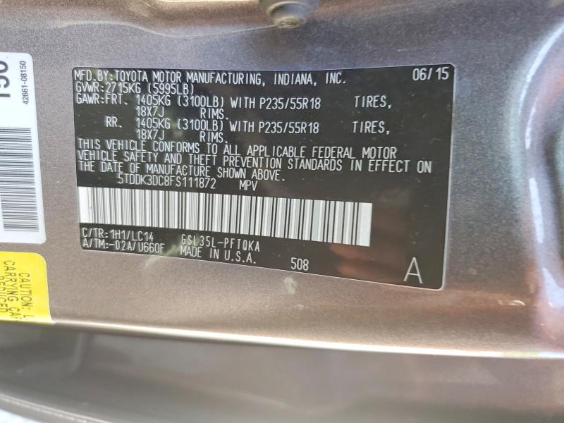 55016796 :رقم المزاد ، 5TDDK3DC8FS111872 vin ، 2015 Toyota Sienna مزاد بيع