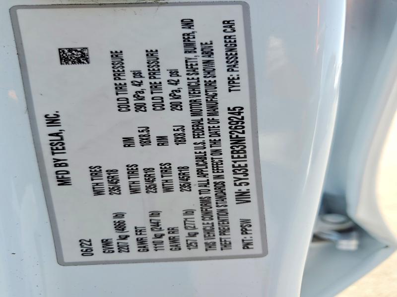 Продаж на аукціоні авто 2022 Tesla Model 3, vin: 5YJ3E1EB3NF269245, номер лоту: 53274956