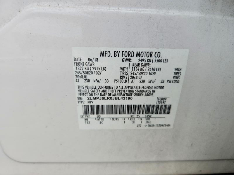 55031326 :رقم المزاد ، 2LMPJ6LR0JBL43190 vin ، 2018 Lincoln Mkx مزاد بيع
