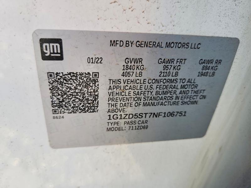 Продаж на аукціоні авто 2022 Chevrolet Malibu, vin: 1G1ZD5ST7NF106751, номер лоту: 52965616