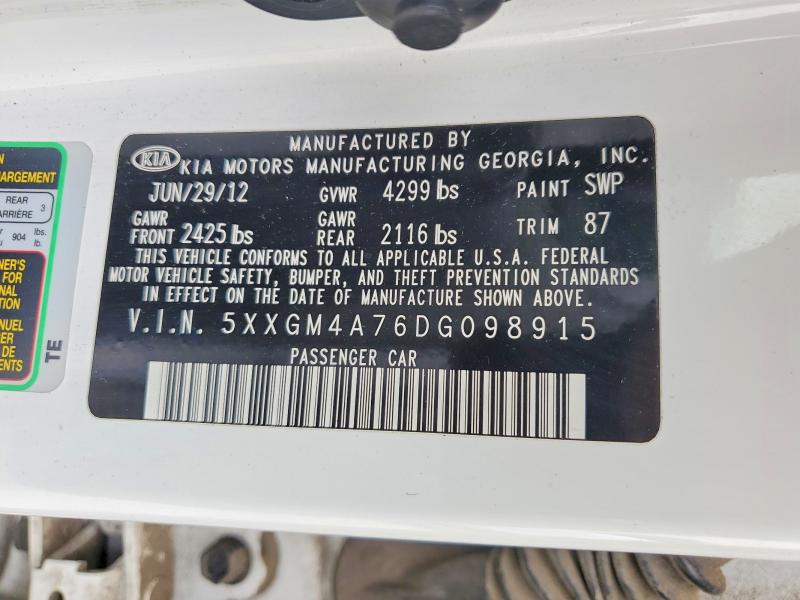 2013 Kia Optima მანქანა იყიდება აუქციონზე, vin: 5XXGM4A76DG098915, აუქციონის ნომერი: 54783326