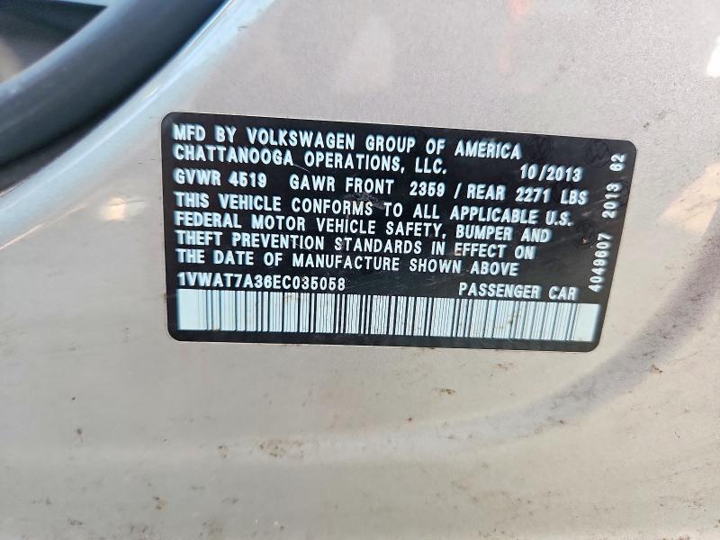 53142236 :رقم المزاد ، 1VWAT7A36EC035058 vin ، 2014 Volkswagen Passat مزاد بيع