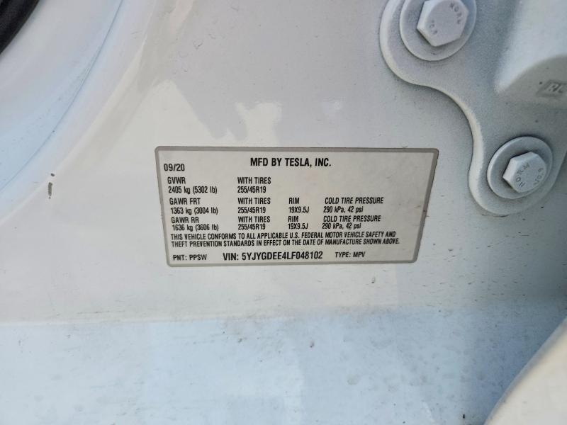 2020 Tesla Model Y მანქანა იყიდება აუქციონზე, vin: 5YJYGDEE4LF048102, აუქციონის ნომერი: 53290526