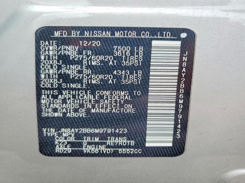 Продажа на аукционе авто 2021 Nissan Armada, vin: JN8AY2BB6M9791423, номер лота: 54437496