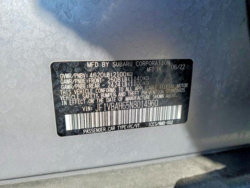 Aukcja sprzedaży 2022 Subaru Wrx, vin: JF1VBAH65N8014960, numer aukcji: 54690346