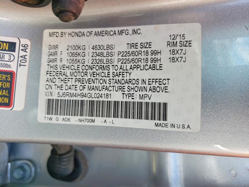 2016 Honda Cr-v მანქანა იყიდება აუქციონზე, vin: 5J6RM4H94GL024181, აუქციონის ნომერი: 53111196
