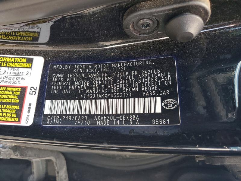 2021 Toyota Camry მანქანა იყიდება აუქციონზე, vin: 4T1G31AKXMU552174, აუქციონის ნომერი: 54934446