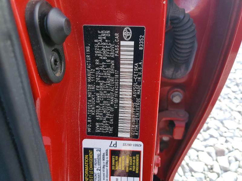 Aukcja sprzedaży 2012 Toyota Camry, vin: 4T1BF1FK4CU631817, numer aukcji: 52134346