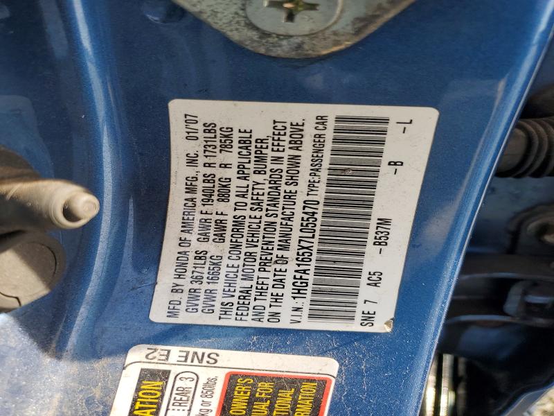 2007 Honda Civic მანქანა იყიდება აუქციონზე, vin: 1HGFA165X7L055470, აუქციონის ნომერი: 52848746