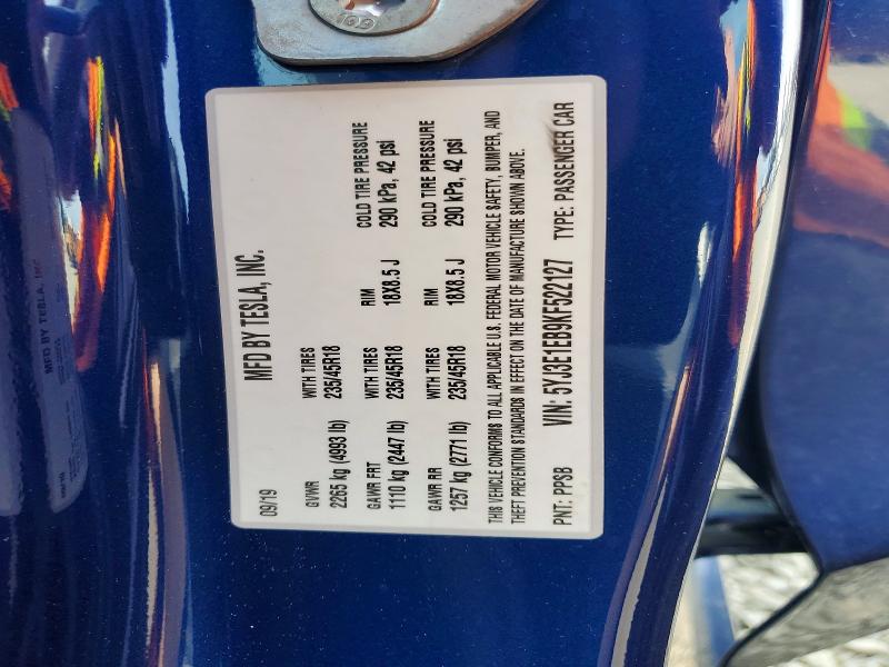 52086966 :رقم المزاد ، 5YJ3E1EB9KF522127 vin ، 2019 Tesla Model 3 مزاد بيع