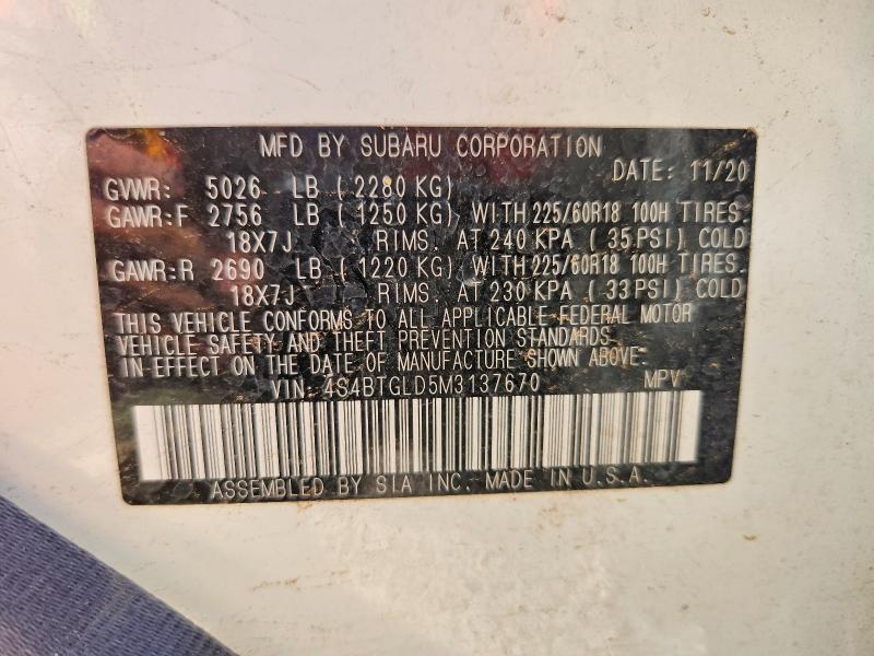 53446546 :رقم المزاد ، 4S4BTGLD5M3137670 vin ، 2021 Subaru Outback مزاد بيع