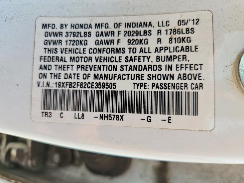 54477286 :رقم المزاد ، 19XFB2F82CE359505 vin ، 2012 Honda Civic مزاد بيع