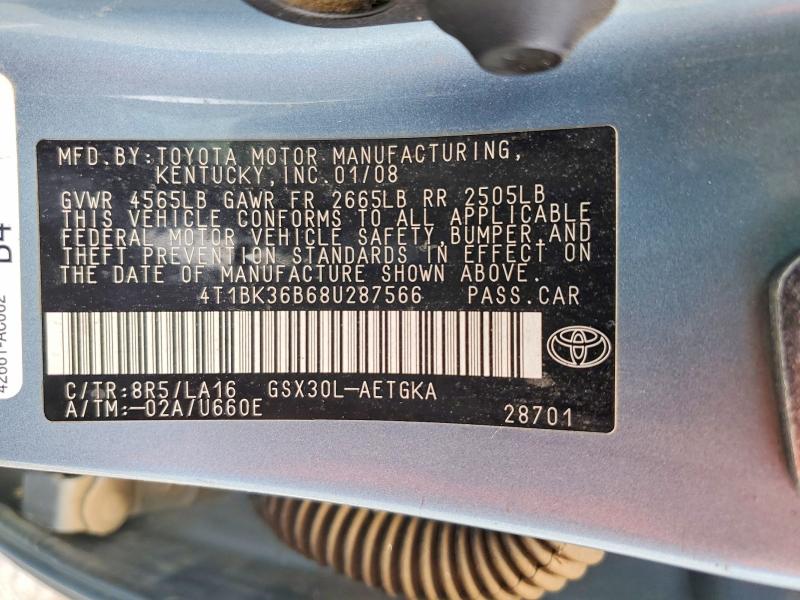 2008 Toyota Avalon მანქანა იყიდება აუქციონზე, vin: 4T1BK36B68U287566, აუქციონის ნომერი: 55180446