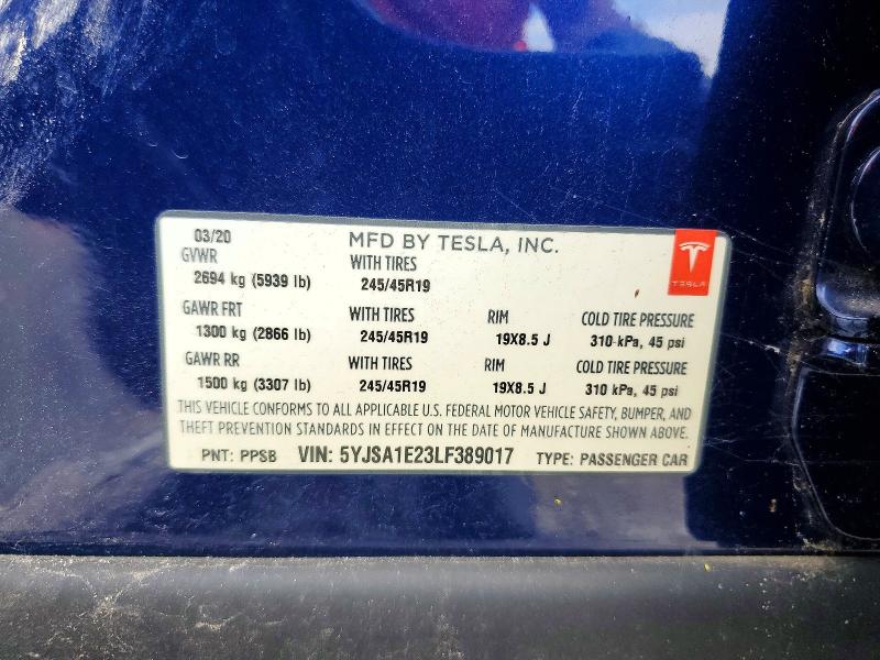 55130146 :رقم المزاد ، 5YJSA1E23LF389017 vin ، 2020 Tesla Model S مزاد بيع