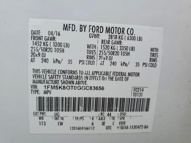 53102896 :رقم المزاد ، 1FM5K8GT0GGC83656 vin ، 2016 Ford Explorer مزاد بيع
