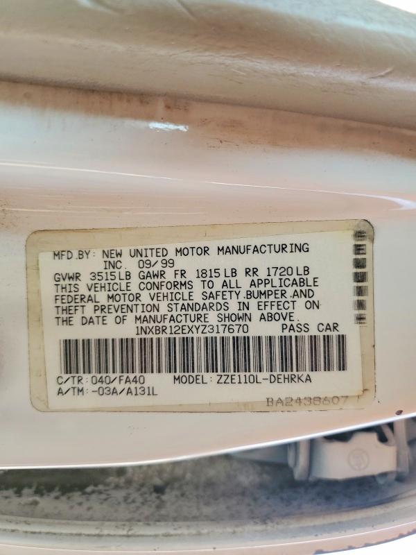 Продаж на аукціоні авто 2000 Toyota Corolla, vin: 1NXBR12EXYZ317670, номер лоту: 53887966