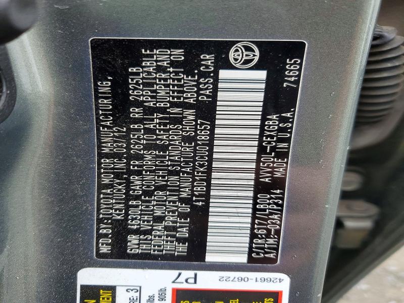 2012 Toyota Camry Hybrid მანქანა იყიდება აუქციონზე, vin: 4T1BD1FK3CU018657, აუქციონის ნომერი: 52967146