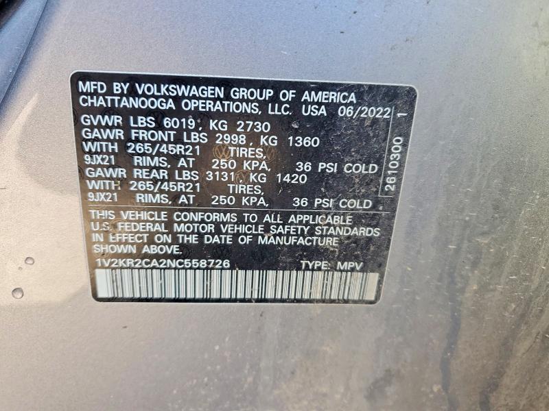 52019366 :رقم المزاد ، 1V2KR2CA2NC558726 vin ، 2022 Volkswagen Atlas مزاد بيع