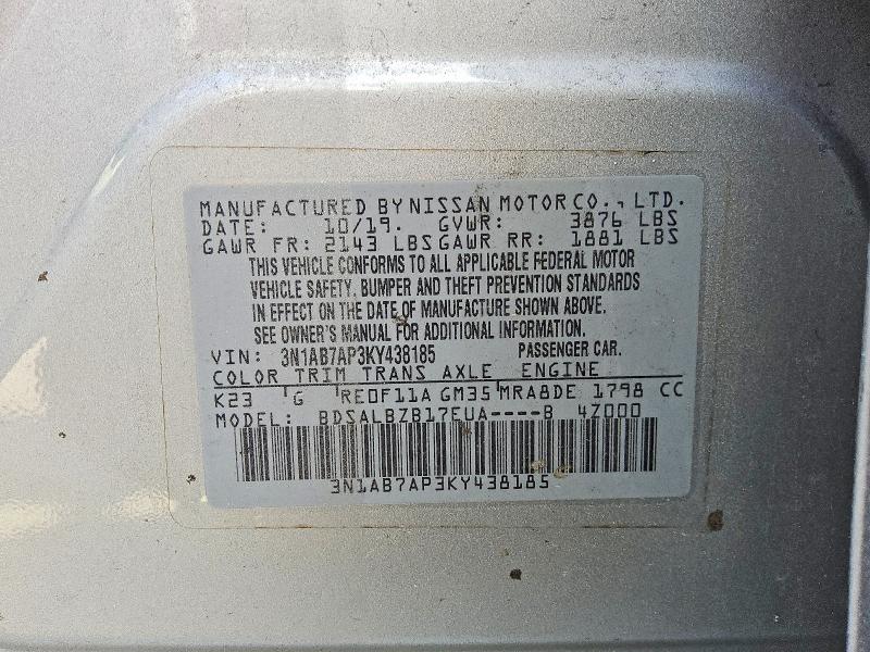52354386 :رقم المزاد ، 3N1AB7AP3KY438185 vin ، 2019 Nissan Sentra مزاد بيع