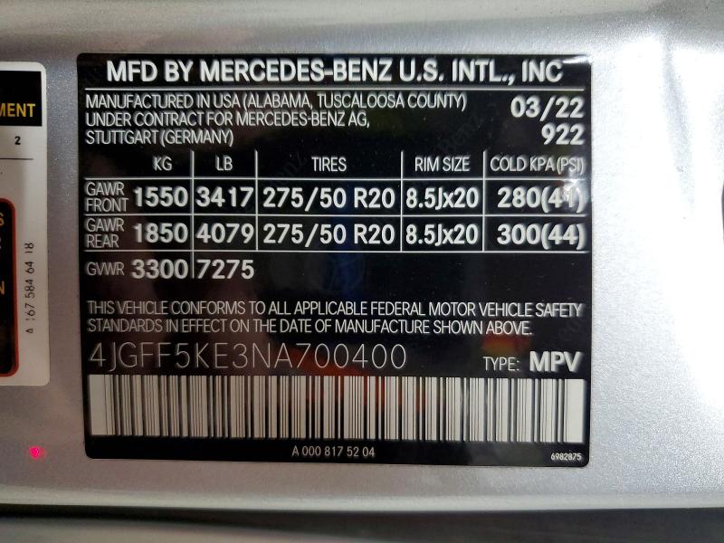 2022 Mercedes-benz Gls მანქანა იყიდება აუქციონზე, vin: 4JGFF5KE3NA700400, აუქციონის ნომერი: 54689696