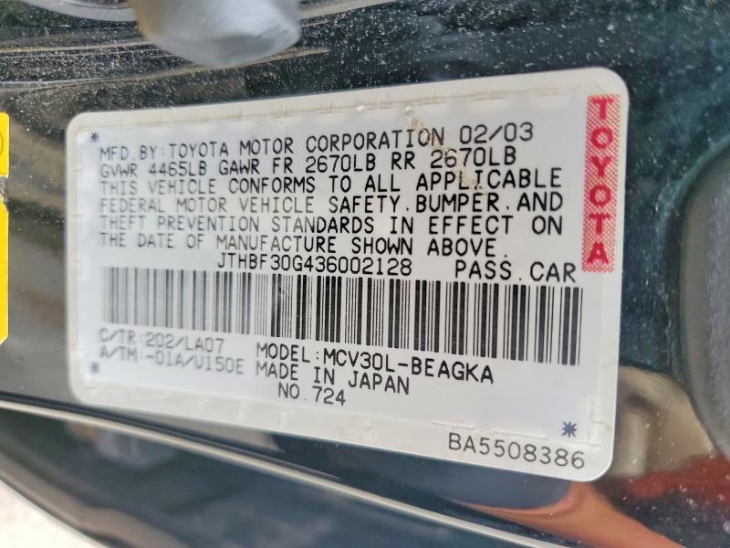 2003 Lexus Es მანქანა იყიდება აუქციონზე, vin: JTHBF30G436002128, აუქციონის ნომერი: 52121966