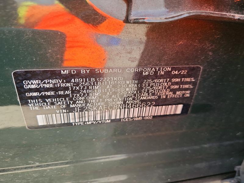 2022 Subaru Forester მანქანა იყიდება აუქციონზე, vin: JF2SKAEC8NH466622, აუქციონის ნომერი: 55352836