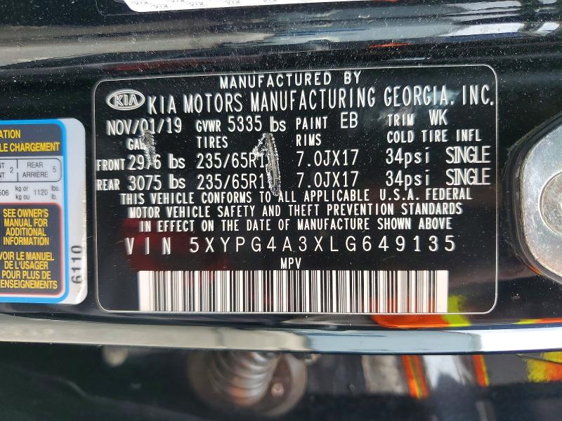 52672236 :رقم المزاد ، 5XYPG4A3XLG649135 vin ، 2020 Kia Sorento مزاد بيع