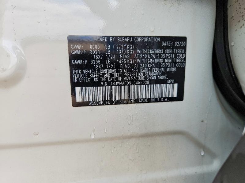 52478876 :رقم المزاد ، 4S4WMAFD5L3456038 vin ، 2020 Subaru Ascent مزاد بيع