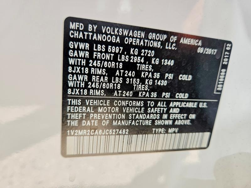 53807216 :رقم المزاد ، 1V2MR2CA6JC527482 vin ، 2018 Volkswagen Atlas مزاد بيع