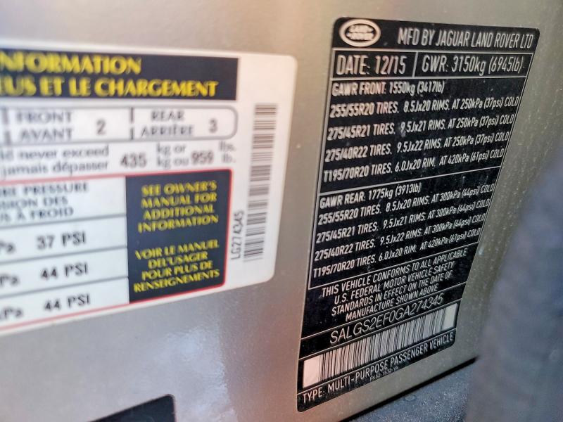 Aukcja sprzedaży 2016 Land Rover Range Rover, vin: SALGS2EF0GA274345, numer aukcji: 51840786