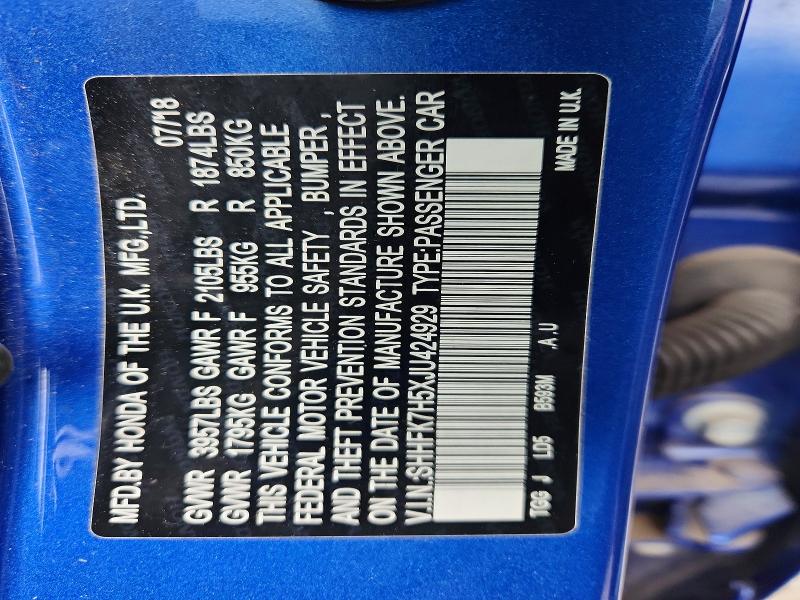 2018 Honda Civic მანქანა იყიდება აუქციონზე, vin: SHHFK7H5XJU424929, აუქციონის ნომერი: 52434236