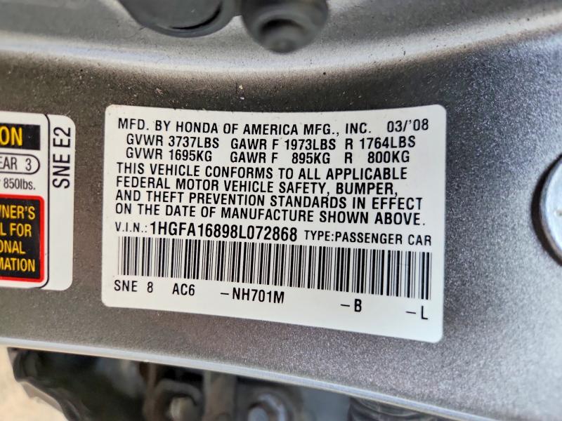Продажа на аукционе авто 2008 Honda Civic, vin: 1HGFA16898L072868, номер лота: 54618646
