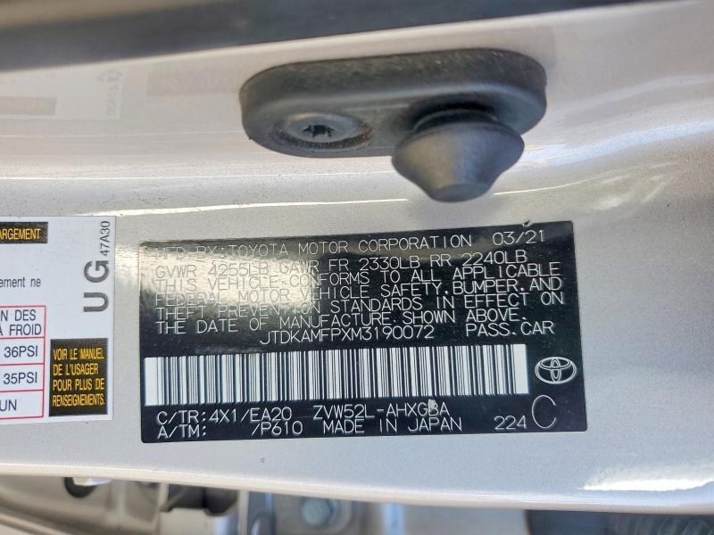 Aukcja sprzedaży 2021 Toyota Prius Prime, vin: JTDKAMFPXM3190072, numer aukcji: 53789916