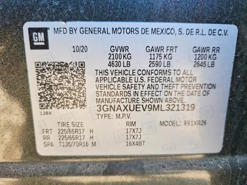 Aukcja sprzedaży 2021 Chevrolet Equinox, vin: 3GNAXUEV9ML321319, numer aukcji: 53942696